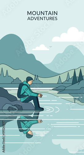 Serene Mountain Hiker Contemplating Reflecting Waters Nature Serenity