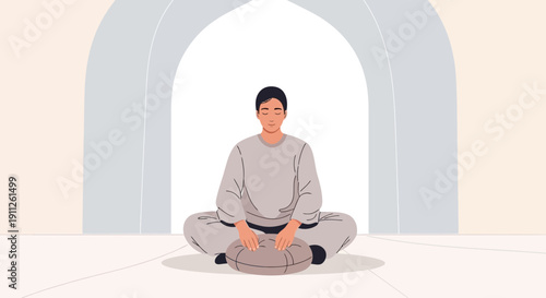Serene Person Meditating In A Calm Architectural Space