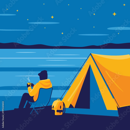 Serene Night Camping By The Calm Lake Under Starry Sky