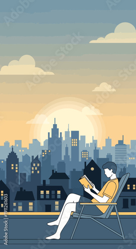 Serene Rooftop Reading In A Vibrant Cityscape At Sunset