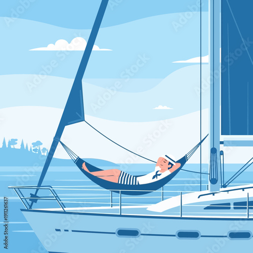 Serene Sailor Napping in Hammock Aboard Sailboat on Calm Blue Waters