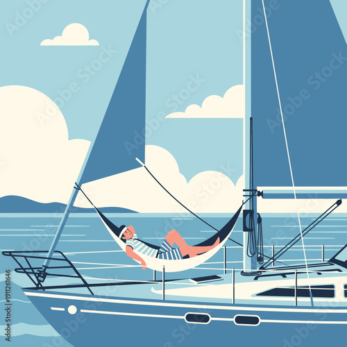 Serene Sailor Relaxing In Hammock Aboard Sailboat On Calm Waters