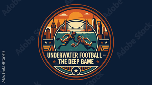 Underwater Football The Deep Game Circular Emblem With Cityscape And Sunset