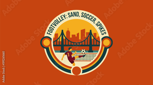 Retro Sunset Scene With Footballer and City Skyline Illustration