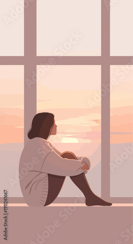 Serene Silhouette Contemplating A Gentle Sunrise Through A Large Window