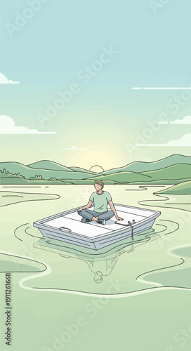 Serene Solitude A Person Meditating In A Boat On Calm Waters