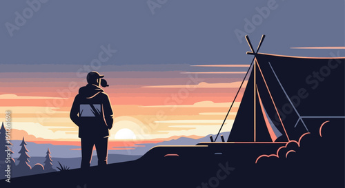 Serene Solitude Observing Vibrant Horizon At Campsite