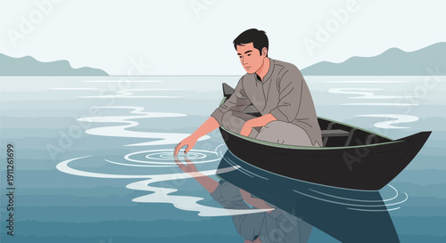 Serene Solitude Of A Man In A Boat Touching Rippling Water