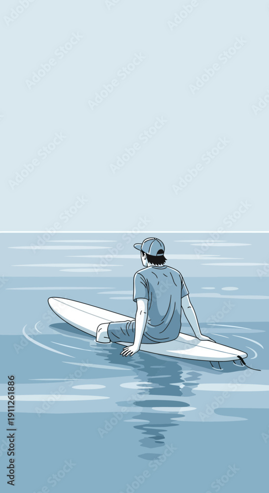 Naklejka premium Serene Surfer Boy Awaits Gentle Ocean Waves And Calm Waters