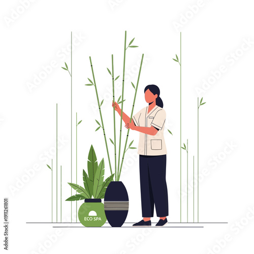 Serene Spa Scene With Woman Caring For Exotic Bamboo Plants
