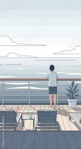 Serene Summer Vacation Voyage Observing Calm Ocean Waters From A Ship Deck