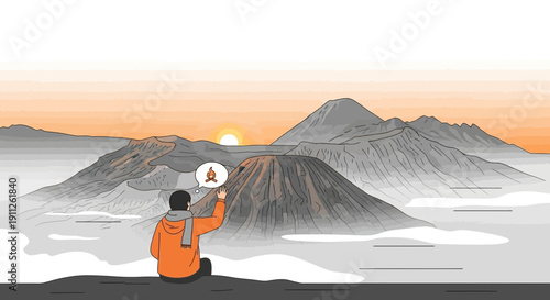 Serene Sunrise Over Volcanic Peaks With Contemplative Wanderer