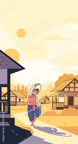 Serene Sunrise Village Scene With Traditional Asian Architecture And A Person Stretching