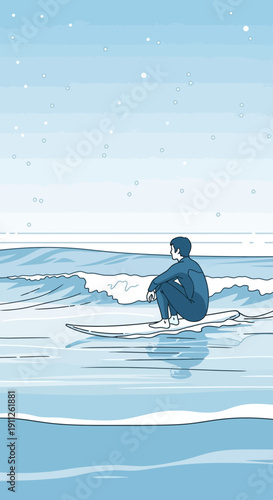 Serene Surfer Awaiting Waves Peaceful Ocean Scene Minimalist Art