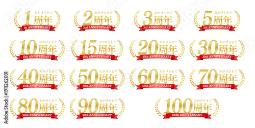 横長ゴールド周年月桂冠ロゴセット 赤リボン付き（1〜100周年）｜華やか記念エンブレム