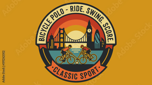 Retro Bicycle Polo Classic Sport Emblem with Iconic Cityscape Sunset View