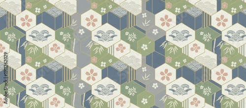 Japanese Geometric Hexagon Floral Pattern Background. Japanese Patterns