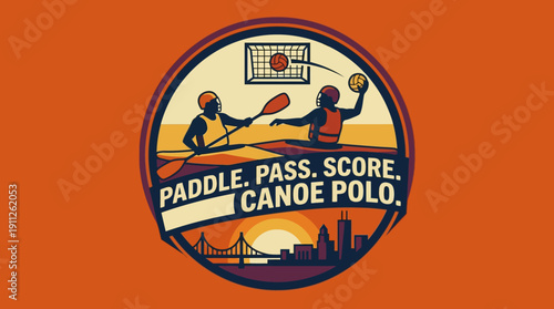 Paddle Pass Score Canoe Polo Emblem Design with Cityscape and Sports Action