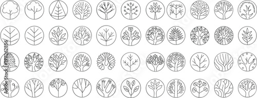Collection of 40 circular botanical icons showcasing stylized trees, plants, leaves, and floral patterns in minimalist decorative nature illustration design