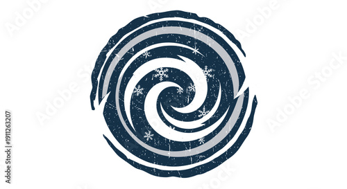 Abstract Swirling Pattern with Snowflakes in Dark Blue, Representing Winter Wind or Cold Energy, Isolated White Background