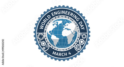 World Engineering Day Global Emblem with Earth and Gears, March 4th Celebration, Isolated White Background