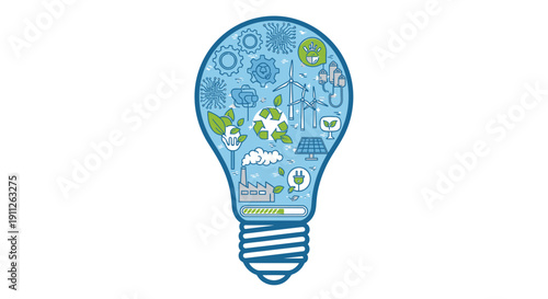 Creative light bulb icon filled with gears, solar panels, windmills, and recycling symbols, representing sustainable engineering and green technology on isolated white background.