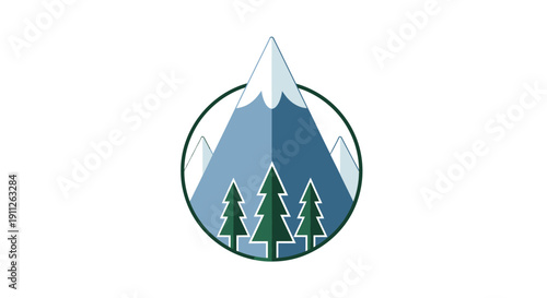 Majestic snowy mountain peak with green pine trees in a circular frame, symbolizing winter landscapes on isolated white background.