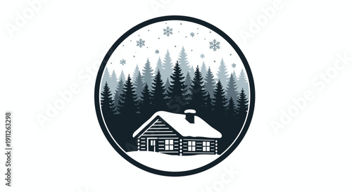 Cozy wooden cabin nestled in a snowy pine forest with falling snowflakes, presented in a circular frame on isolated white background.