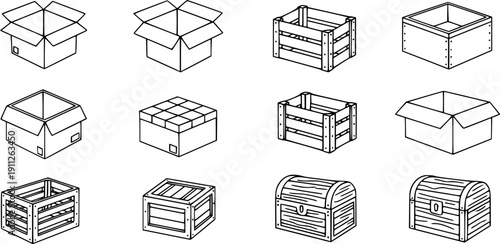 Wooden box isolated outline set icon. Outline set icon wood container . 