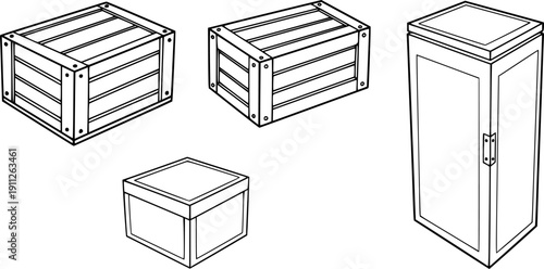 Wooden box isolated outline set icon. Outline set icon wood container . 