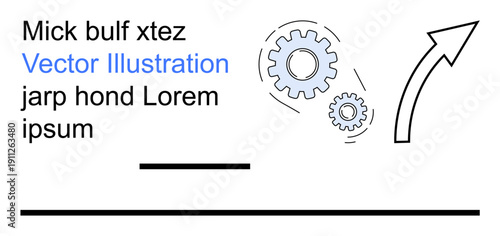 Business development, innovation, strategy planning, teamwork, process improvement, industrial design. Gears and an upward arrow. Business growth and innovation concept