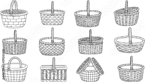 Wicker basket vector outline set icon. Vector illustration basketry on white background. Isolated outline set icon wicker basket .
