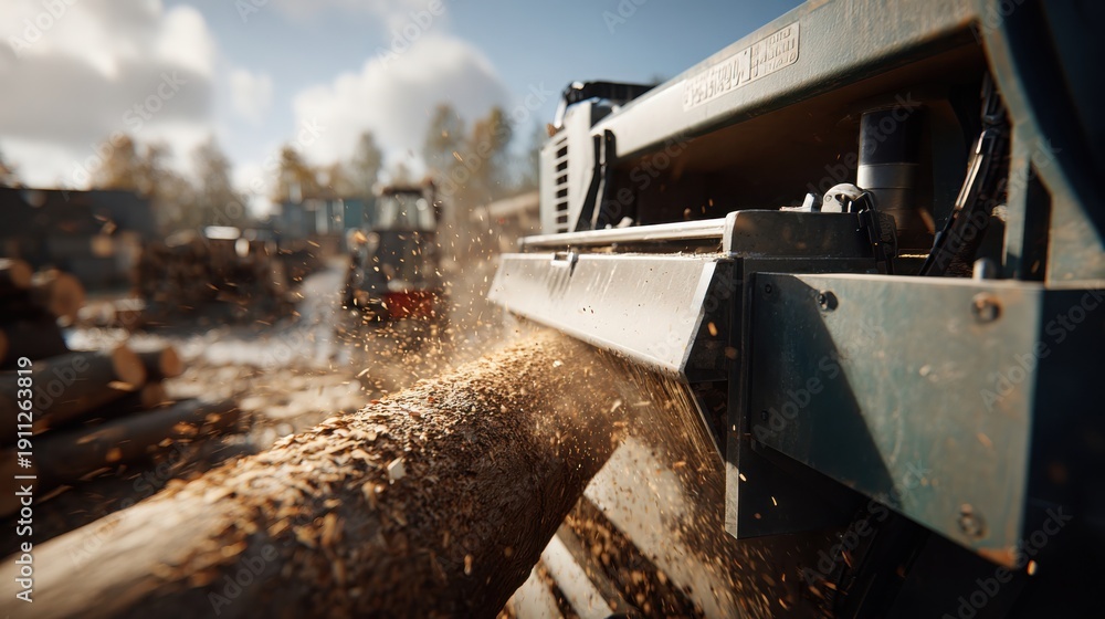 Fototapeta premium Heavy-duty industrial wood chipper processing large logs at an outdoor timber processing site