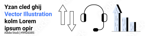 Customer service, sales growth, distance communication, support services, data analytics, business solutions. Headset with arrows and growth chart. Customer service and sales growth concept