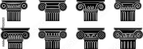 Top of column isolated black set icon. Vector black set icon antique pillar. Vector illustration top of column on white background.

