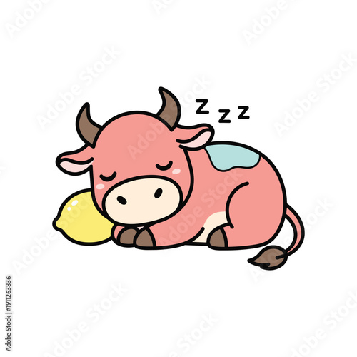 Cute cartoon cow sleeping peacefully on soft patch with dream bubbles illustration
