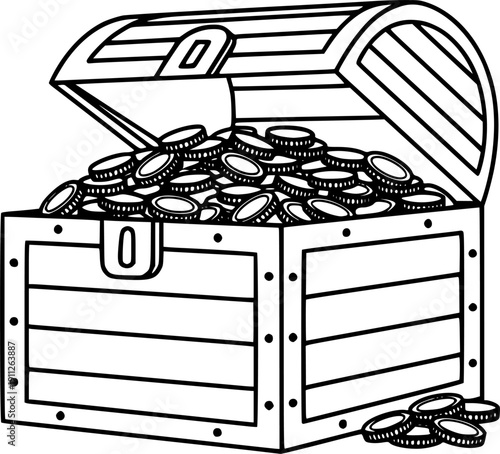 Chest treasure outline vector set icon. Vector illustration on wooden box of gold white background.