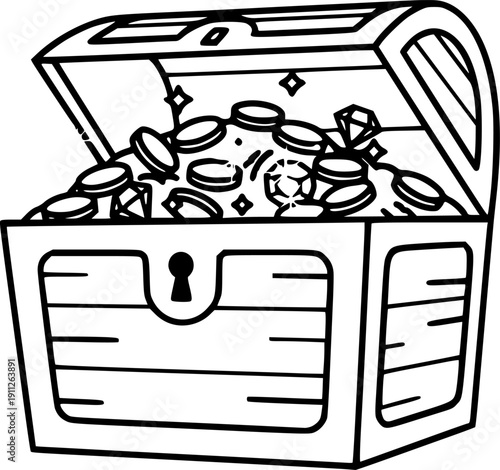 Chest treasure outline vector set icon. Vector illustration on wooden box of gold white background.