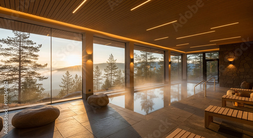 Cozy high-end interior with wood finishes and wide glazing looking out to a calm dawn horizon. Great for hospitality visuals, architecture features, and relaxation themes.