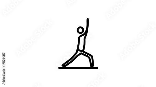 Minimalist black line icon of a stick figure performing a yoga warrior pose, symbolizing balance, fitness, and wellness.