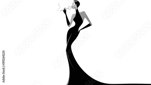 Glamorous woman silhouette in an elegant evening gown, classic black and white fashion illustration, sophisticated style
