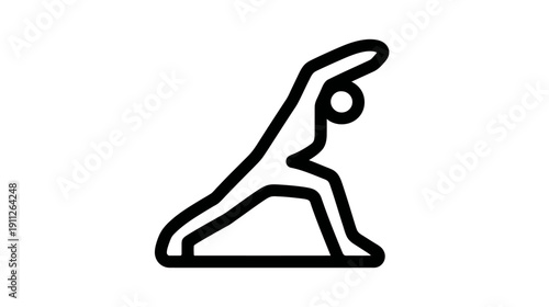 Minimalist line icon of a person performing a yoga warrior pose, symbolizing physical exercise, fitness, health, stretching, and wellbeing.