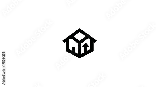 Minimalist geometric house icon with upward arrow representing real estate growth, property development, home improvement, and future progress.