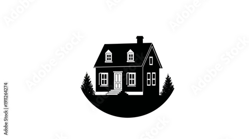 Traditional classic residential house silhouette with trees illustration on white background, home property icon design