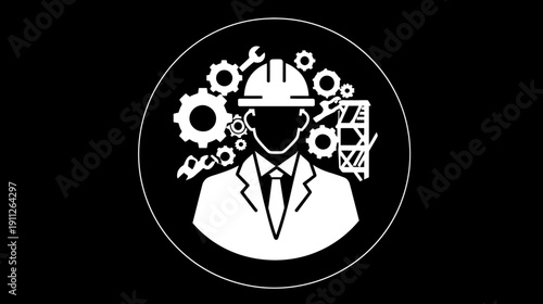 Professional Engineer Icon with Hard Hat, Suit, and Industrial Tools Representing Engineering, Construction, and Mechanical Expertise