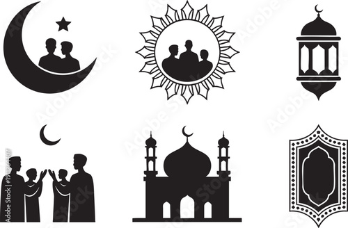 Various Islamic symbols of moon, people, lantern, and mosque silhouettes.