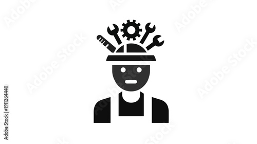 Icon of skilled worker or engineer with tools: wrench, gear, screwdriver emerging from hard hat. Concept for repair, maintenance, construction.