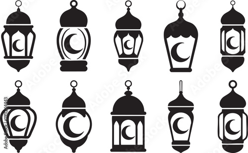 Set of ten different silhouette vector icons of Ramadan lanterns