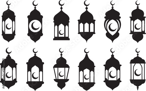 Collection of Islamic lanterns with crescent moon designs, black silhouettes on white.