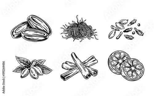 Hand drawn spice elements: dates, saffron, cardamom, almond, cinnamon, lemon.